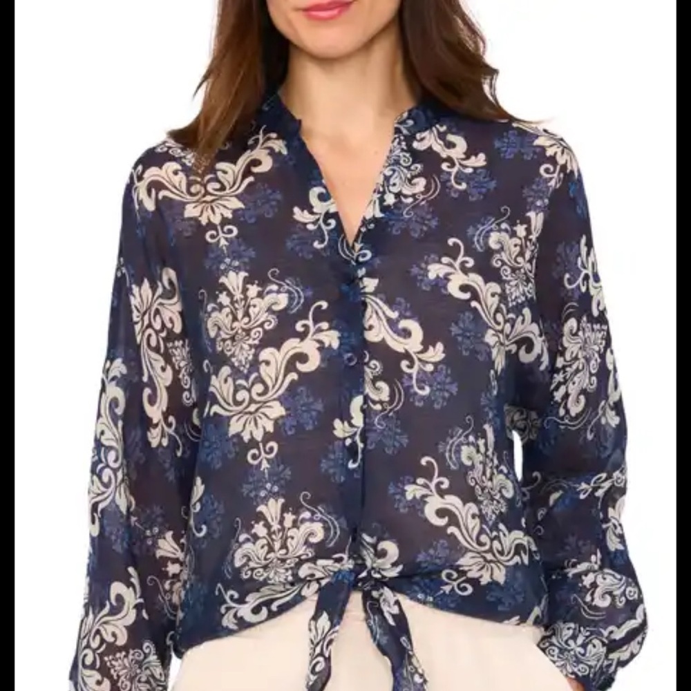 Halogen long sleeve blue sheer paisley button front tie waist top blouse Small
